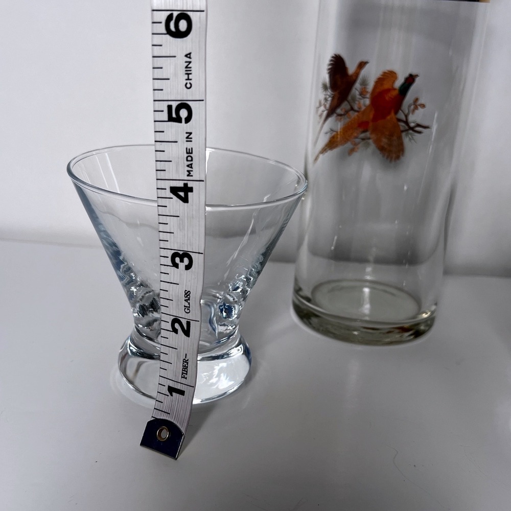 Vtg MCM Cocktail Pitcher Stemless Glasses Pheasant‎ Bird Gold Band Barware Set - Picture 5 of 5